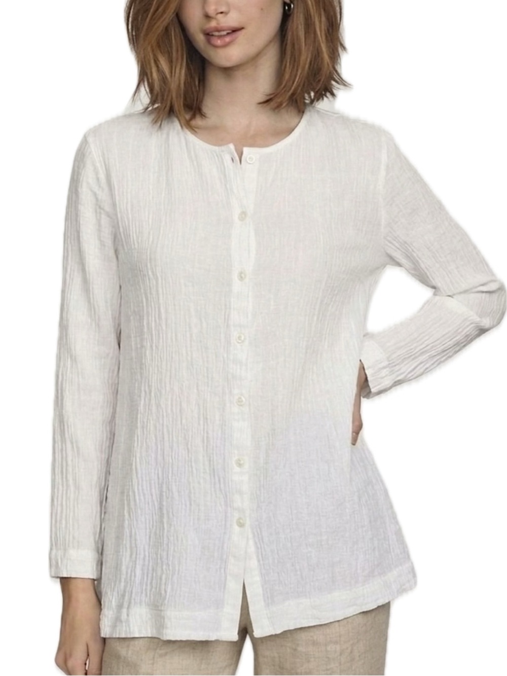 Purejill Linen Cotton Crinkled Button Front Tunic Top Petite Size Small White